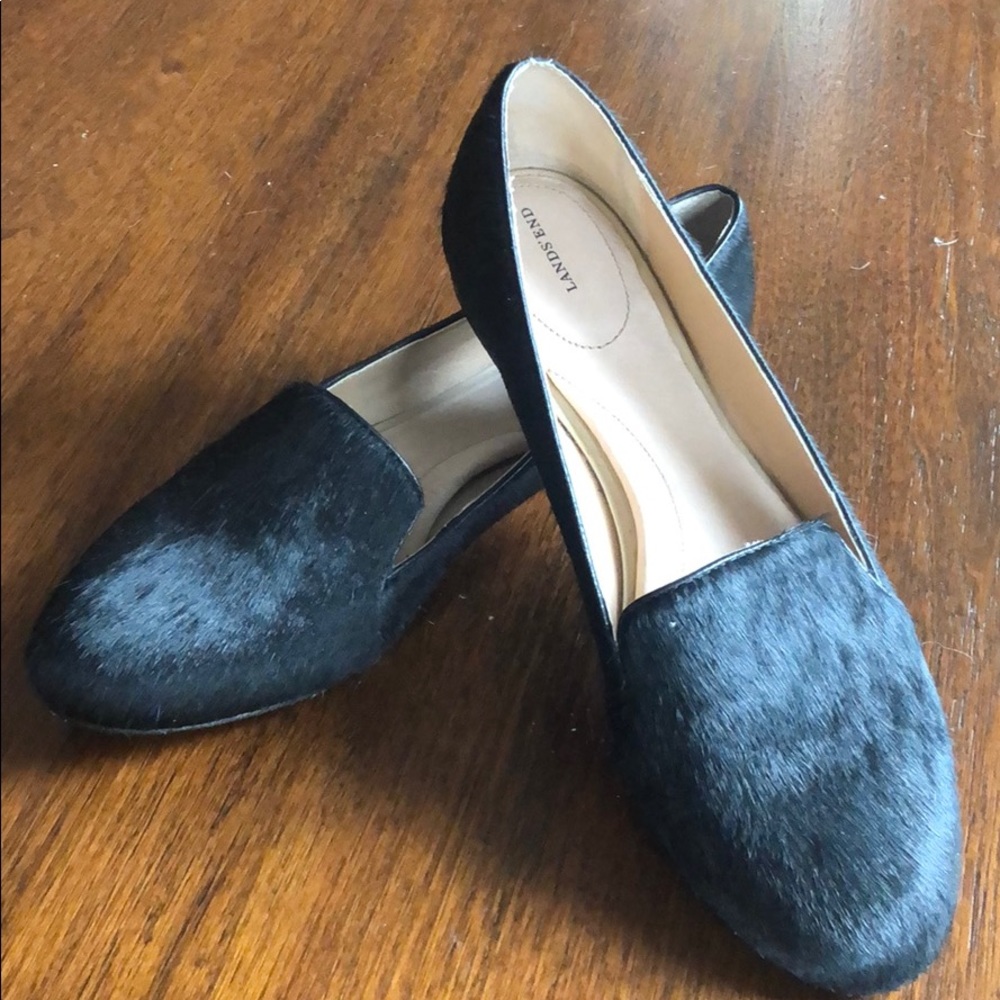 Lands End black calf hair flats